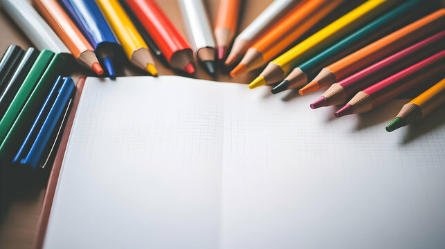 Colorful pencils and markers lying on an open blank notebook create vibrant composition - Powered by Adobe