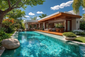 Fototapeta premium Modern luxury villa with floor-to-ceiling glass walls and private pool, surrounded by lush greenery and minimalist garden architecture.