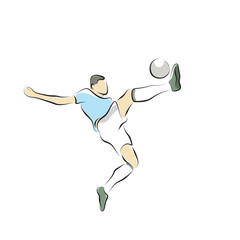 male soccer player jumping to shoot ball illustration vector hand drawn with black lines isolated on white background.