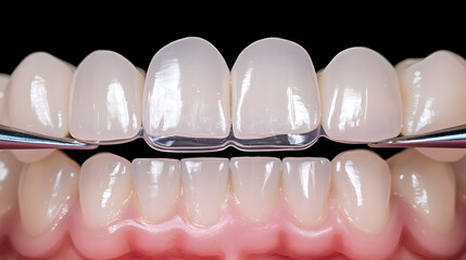 Close-up of dental veneers being matched for perfect smile aesthetic restoration