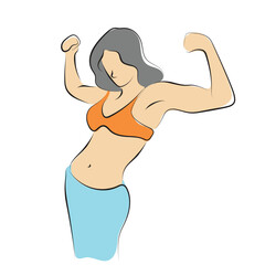 Strong woman flexing muscles illustration vector hand drawn with black lines isolated on white background.