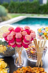 Outdoor catering buffet with a variety of food snacks and appetizers