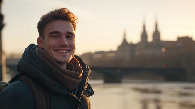 Cheerful middle eastern young businessman in glasses with laptop and coffee to go walking by street towards modern office building going to job in the morning panorama with copy space : Generative AI