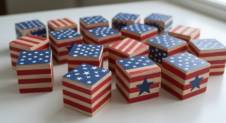 Fototapeta premium Patriotic Wooden Blocks American Flag Decor Cubes for Kids and Crafts