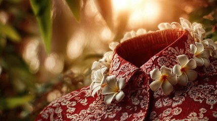 Red-and-white kebaya collar with jasmine flowers and batik patterns, symbolizing Indonesian Independence Day pride.