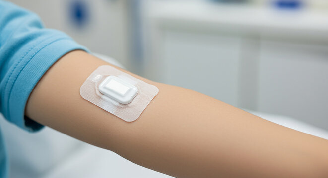 Continuous glucose monitor sensor attached to a persons arm