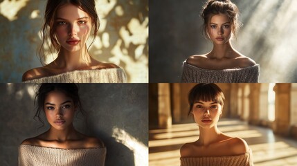 Quadruple portrait showcasing four young women with varying hairstyles and ethnicities, each wearing an off-the-shoulder light-beige sweater, posed against 