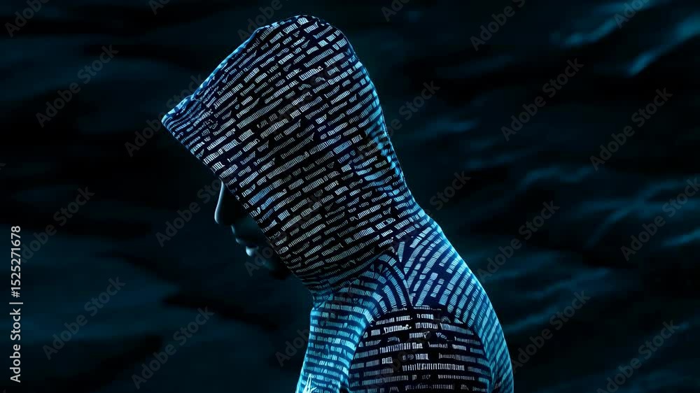 Poster cybernetic hooded figure analyzing data flow in hightech environment