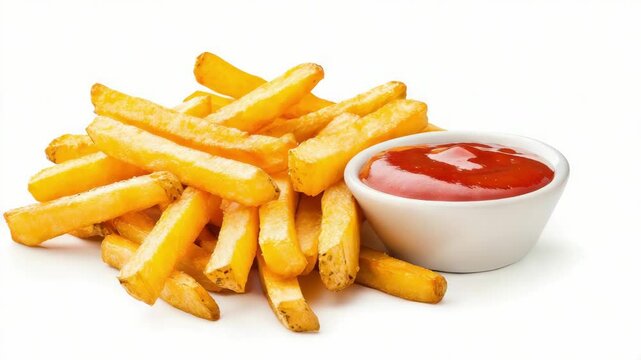 Crispy golden fries served with a delicious bowl of rich tomato ketchup, perfect for any snack or meal.