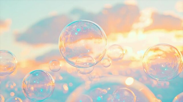 Floating bubbles against a sunset sky