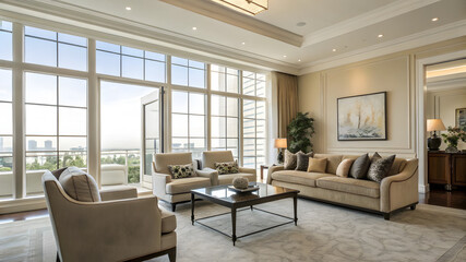 Interior of spacious luxurious living room with comfortable sofa and chairs next to bright windows at contemporary home
