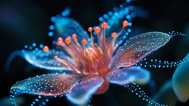 Vibrant close-up of a bioluminescent flower showcasing intricate details and glowing features
