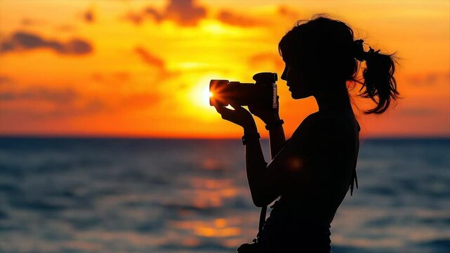 Silhouette of woman photographing sunset