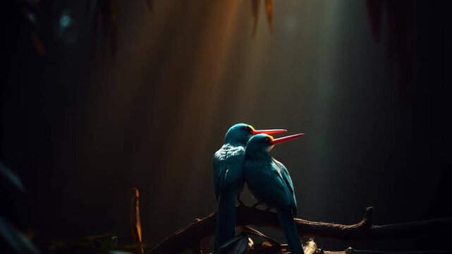Two vibrant blue birds perched on twisted branch in soft sunlight with shadowy background