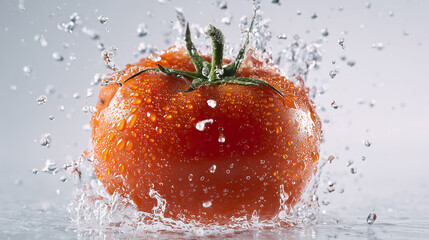 中央に配置された完熟トマトと水しぶきの演出―飲料・サラダ・美容系の訴求にも活用できる清涼感ビジュアル