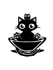 Cute black cat sitting in a bowl, with a small cat on its head