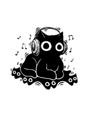 Cool black cat listening to music with headphones, unique art
