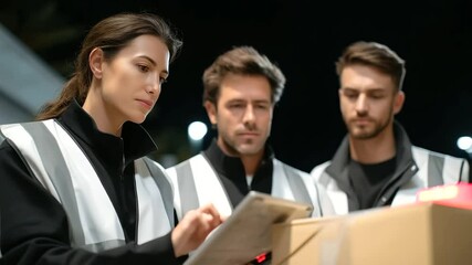 Delivery Team Unloading Goods with Barcode Scanner