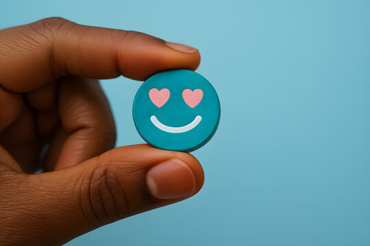 Embracing Affection: A hand tenderly cradles a vibrant, emoji-inspired token, its loving heart-eyes a charming testament to positivity and emotional connection.