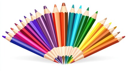 A vibrant array of colored pencils arranged in a semicircular fan shape against a white backdrop, showcasing their sharpened points and diverse hues