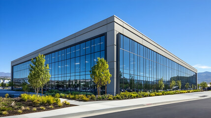 Fototapeta premium Contemporary office building facade with expansive glass and landscaped surroundings