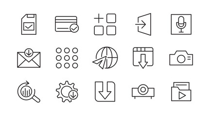 Web and App line icon set. Internet, contact information, home, phone, location, address, website, mail, fax, playback, streaming, film strip, feed, youtube line icon set. Ui thin line icon pack.