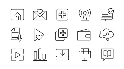 Web and App line icon set. Internet, contact information, home, phone, location, address, website, mail, fax, playback, streaming, film strip, feed, youtube line icon set. Ui thin line icon pack.
