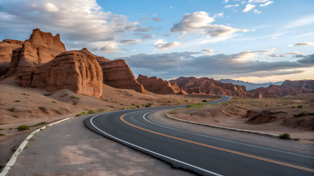 Paved asphalt road curving alongside unique eroded red rock formations against a serene blue sky in La Puna, Argentina. This picturesque scene captures the natural beauty
