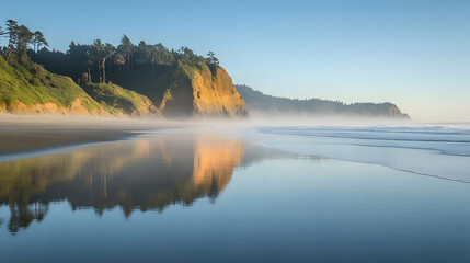 Serene coastal vista with fog, cliffs, trees, and glassy reflections on beach