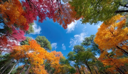 Naklejka premium The heart-shaped sky in the center of autumn leaves is a bright blue, with trees on all sides and colorful fall foliage, forming an arch above which there's a clear view of the deep blue sky