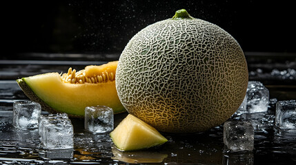 Fresh cantaloupe presentation with ice cubes against a dark backdrop