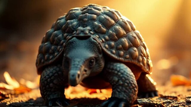 Close up of tortoise on sunlit forest floor with autumn leaves and warm natural light