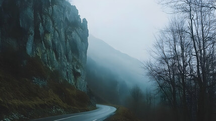 Winding asphalt road beneath a towering rock face shrouded in mountain fog
