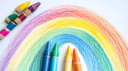 Vibrant crayon rainbow drawing with colorful wax crayons, perfect school project
