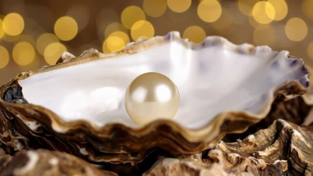 Elegant single pearl inside an opened oyster shell with a soft focus bokeh effect shining in the background creating a luxurious presentation.