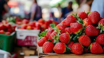 Fresh Strawberries Displayed at Bustling Local Farmers Market in Summer