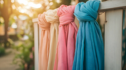 Pastel toned scarves hanging on rustic fence in golden hour sunlight