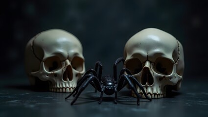 Two skulls with a black spider on dark surface