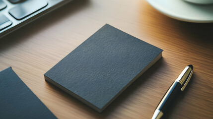 Workspace still life featuring a sleek notepad, pen, keyboard and beverage