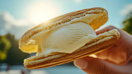 Golden delight, waffle ice cream sandwich held up to sunny skies in summertime