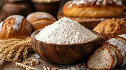Fototapeta premium A wooden bowl overflowing with white flour surrounded by freshly baked bread, wheat stalks