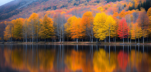 Scenic autumn foliage reflected in serene waters of upstate New York