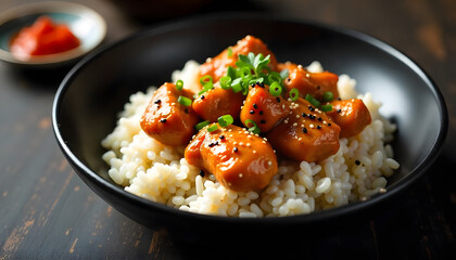 Modern Asian Fusion Restaurant Menu Cover with Sesame-Glazed Chicken and Rice in Black Bowl
