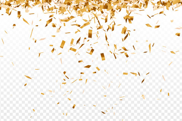 golden shiny confetti scattered from up on transparent background