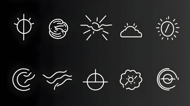 Minimalist Line Art Icons Sun, Cloud, Wind, and More Weather Symbols