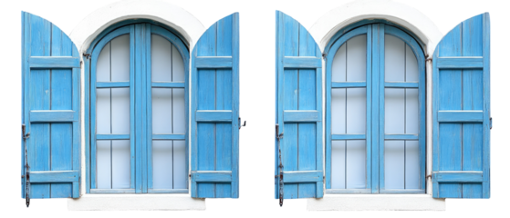 Arch Window with Blue Shutters