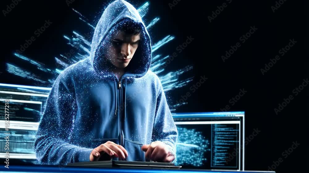 Aufkleber cybersecurity hacker typing intensely on laptop with digital effects and neon glow