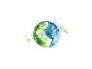 Earth,  a stylized, painted representation, surrounded by a watercolor-like halo