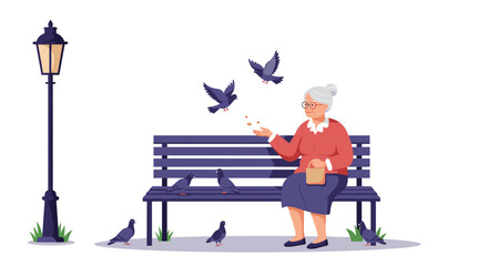 Elderly woman feeding pigeons while sitting on a park bench  
