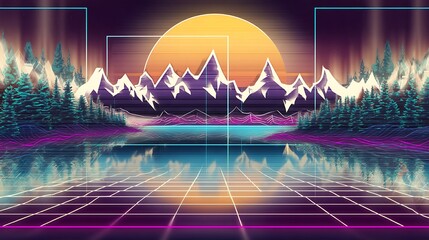 Synthwave sunset over the retro landscape